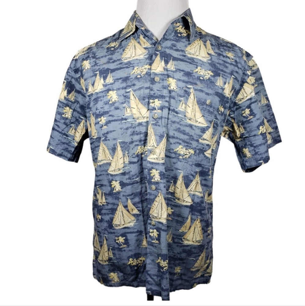 LIKE NEW Campia Coastal Cotton Short Sleeve Button Down Shirt Blue Sailboats XL